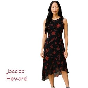 Jessica Howard Sheer Black Red Sequin Party Asymmetrical Midi Dress NWOT Size 4P